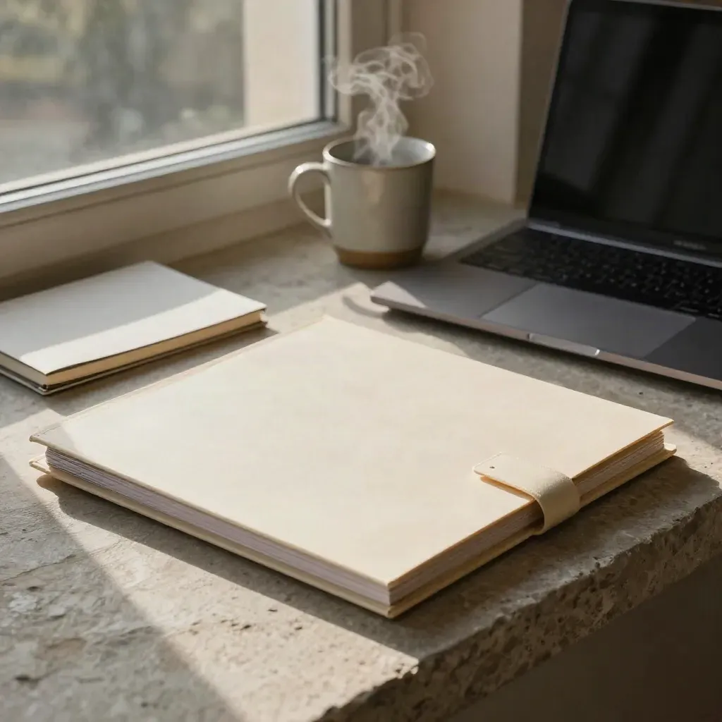 Groeiplanner, laptop en mok op een stenen vensterbank in warm avondlicht