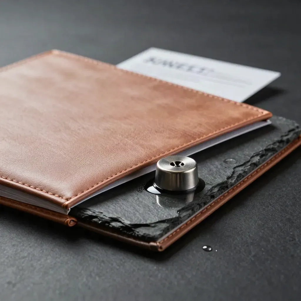 Gesloten verkoopplan-folio met koperelastiek, inserts en paperweight op natte steen.