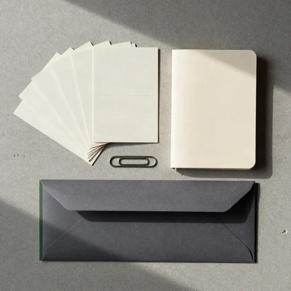 Bovenaanzicht van een marketingplan-starterset met kaartenset, notitieboek, paperclip en sleeve.