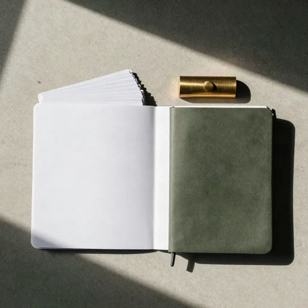Bovenaanzicht van coach-toolkit met map, kaarten, paperweight en gesloten notitieboek op beton.
