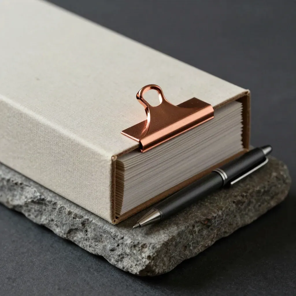 Close-up van een sales-script set in een sleevebox tegen een steenblok met koperaccent.