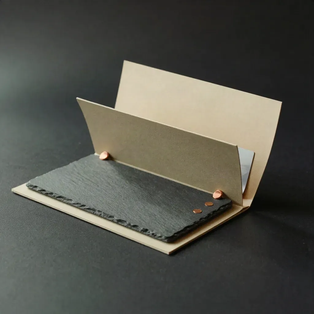 Donkere leadscan-map met blanco tabs, koperen stippen en papiertray in dramatisch licht