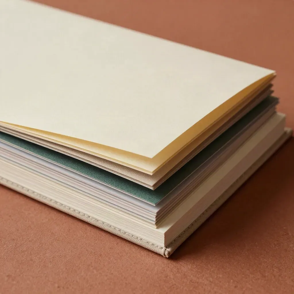 Procescheck-binder met gevouwen bord en textuurswatches op terracotta ondergrond.
