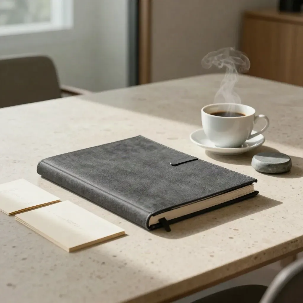 Coachingset met map, kaarten, koffiekop en stenen paperweight op travertin tafel