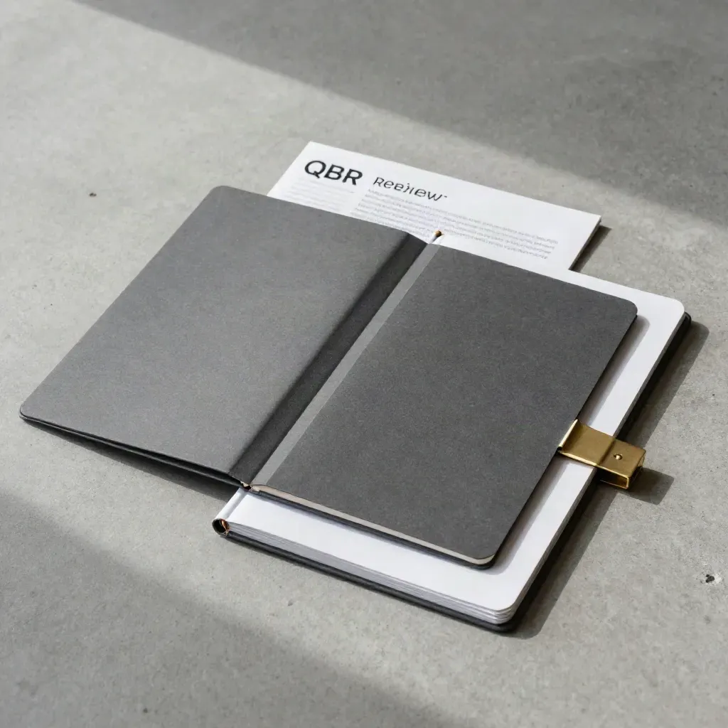 Overhead flatlay van kwartaalreview-mappen, notitieboek en samenvattingsvellen op beton.