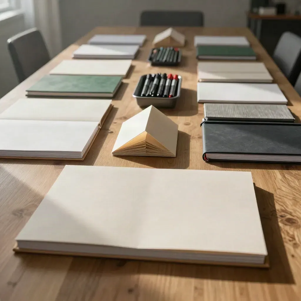 Teamdag-groeikit met mappen, kaartjes, markers en notebooks op een vergadertafel.