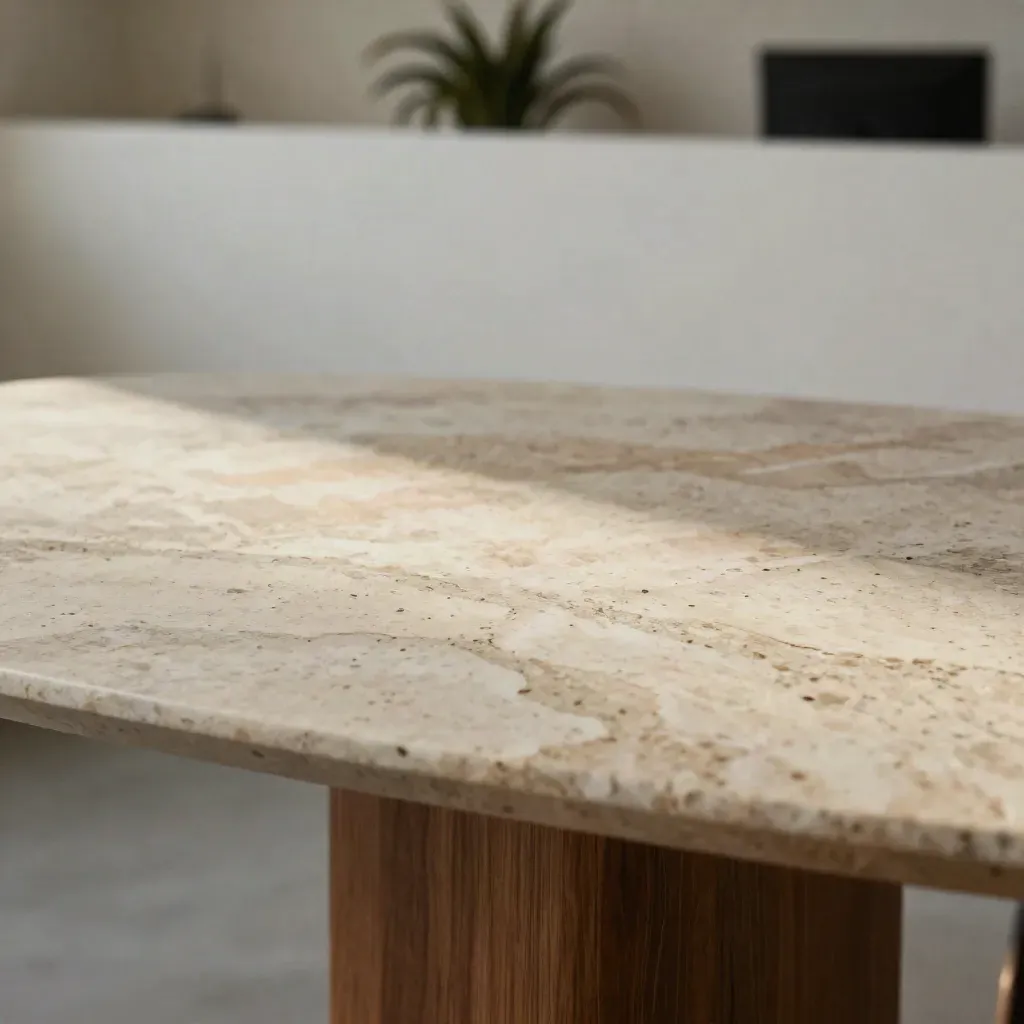 Travertin tafelblad met kalkwitte wand, zonvlek en zachte plantensilhouetten hoog in beeld