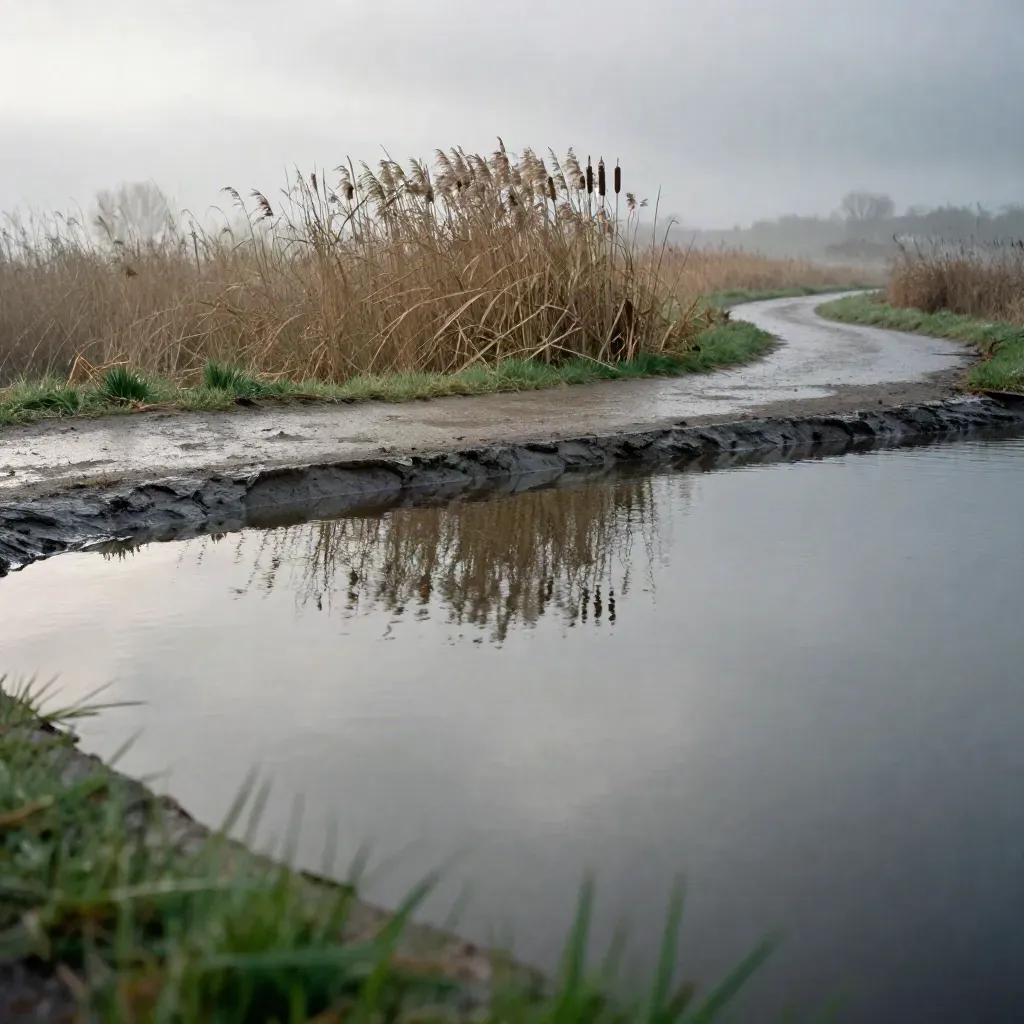Rietomzoomde kanaaloever met stil water, smal pad en grauwe luchtreflectie na de regen.
